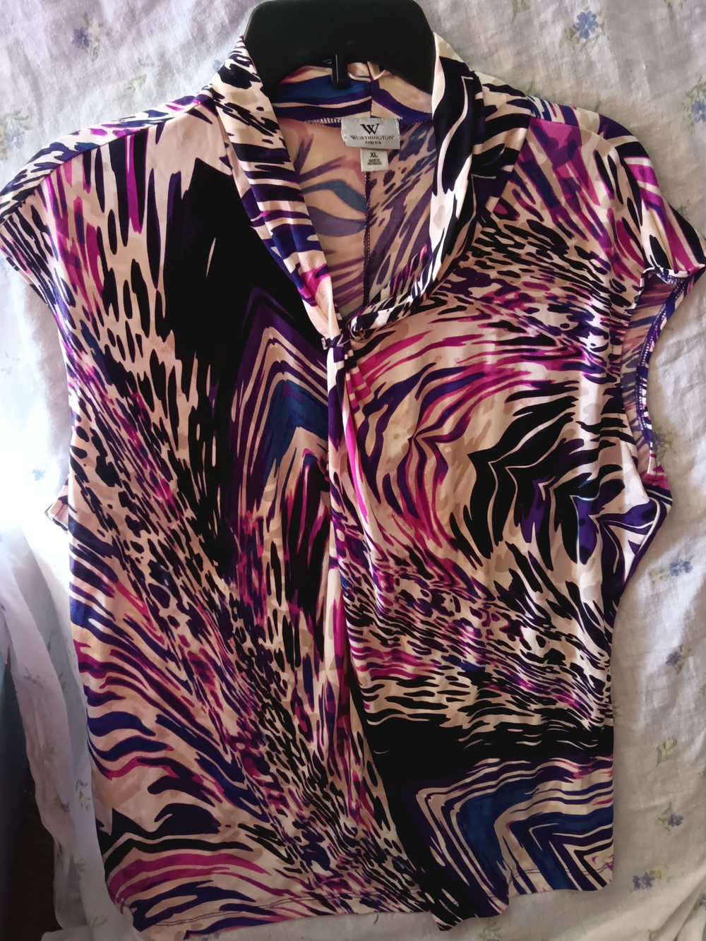 Worthington Purple, Cream & Black Abstract Print Short Sleeve Top